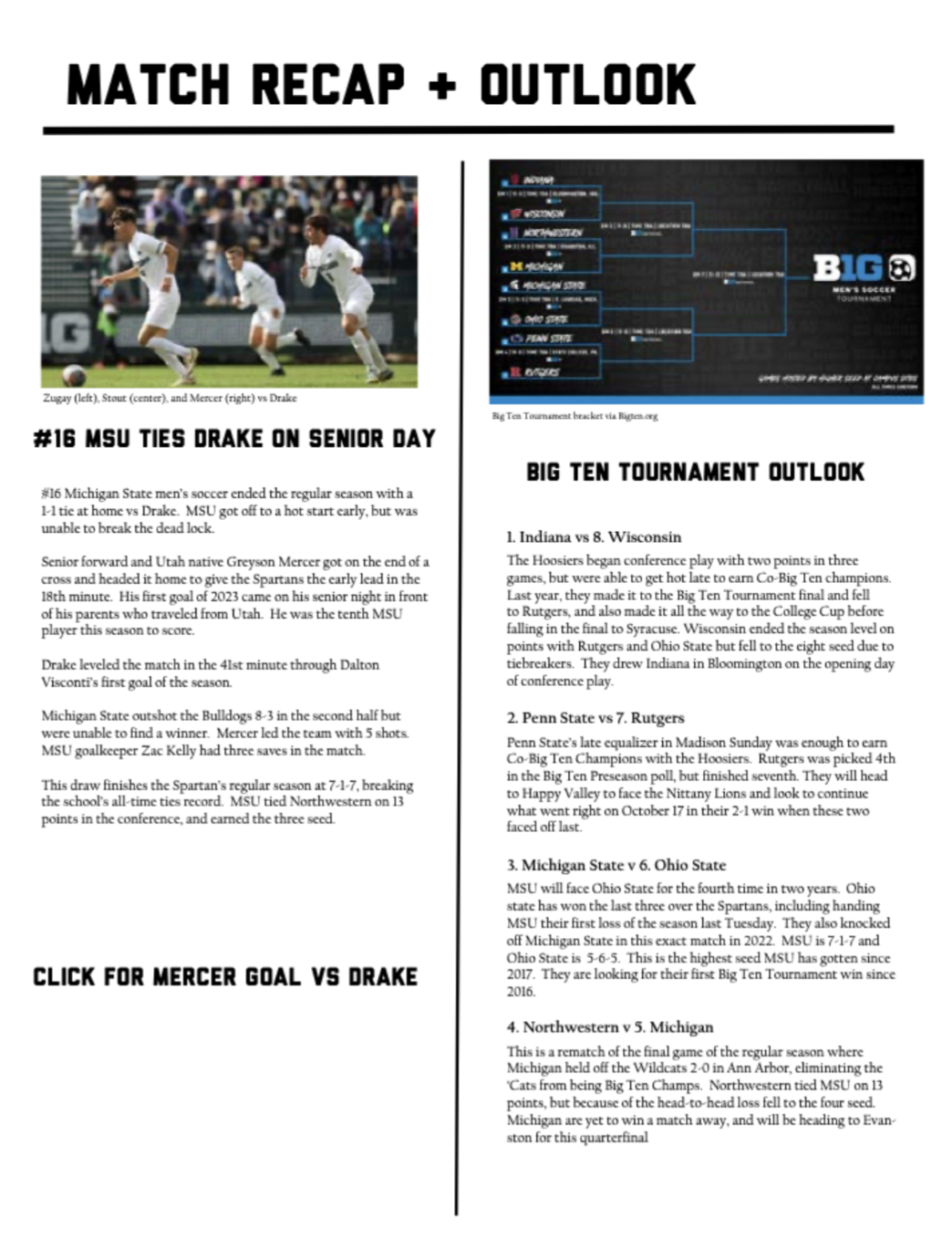 Page 2 of newsletter, match recaps and outlook